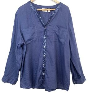Chicos 3 Button Front  100% Linen Blouse XL/16 Long Roll Tab Sleeve Sequin Trim
